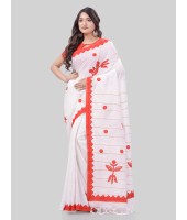 DESH BIDESH Women`s Bengali Khesh Pure Cotton Handloom Saree Trinayani Durga Designed With Blouse Piece (White Red)